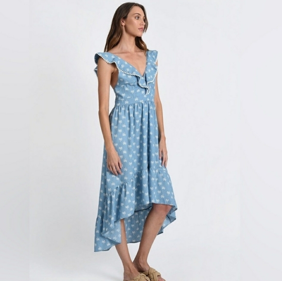 Molly Bracken High Low Ruffle Dress Palm Print Blue & White SzM - Picture 1 of 7